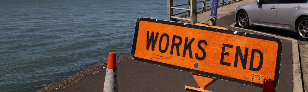 Works End Schild auf Neuseeland